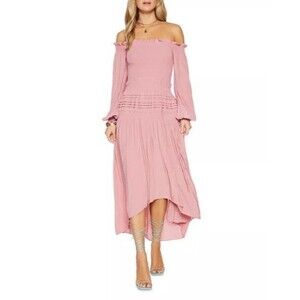 Ramy Brook NWT Anita Smocked Ruffle Midi Dress in Pink Size S Barbie Cottagecore